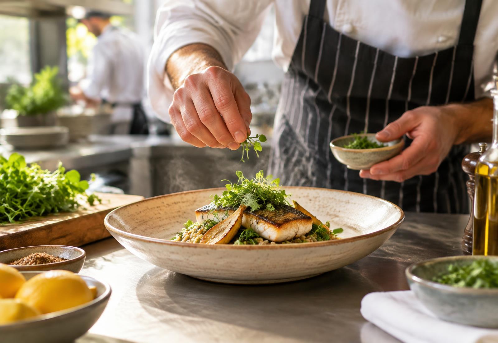 Chef finishing a dish with fresh herbs