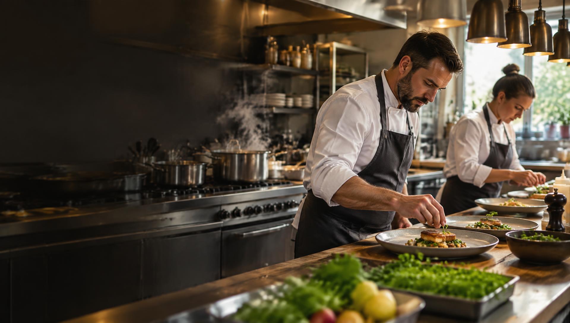 Chefs preparing food in a warm professional kitchen
